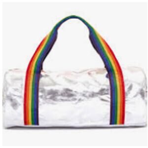 Silver and rainbow-striped duffel bag